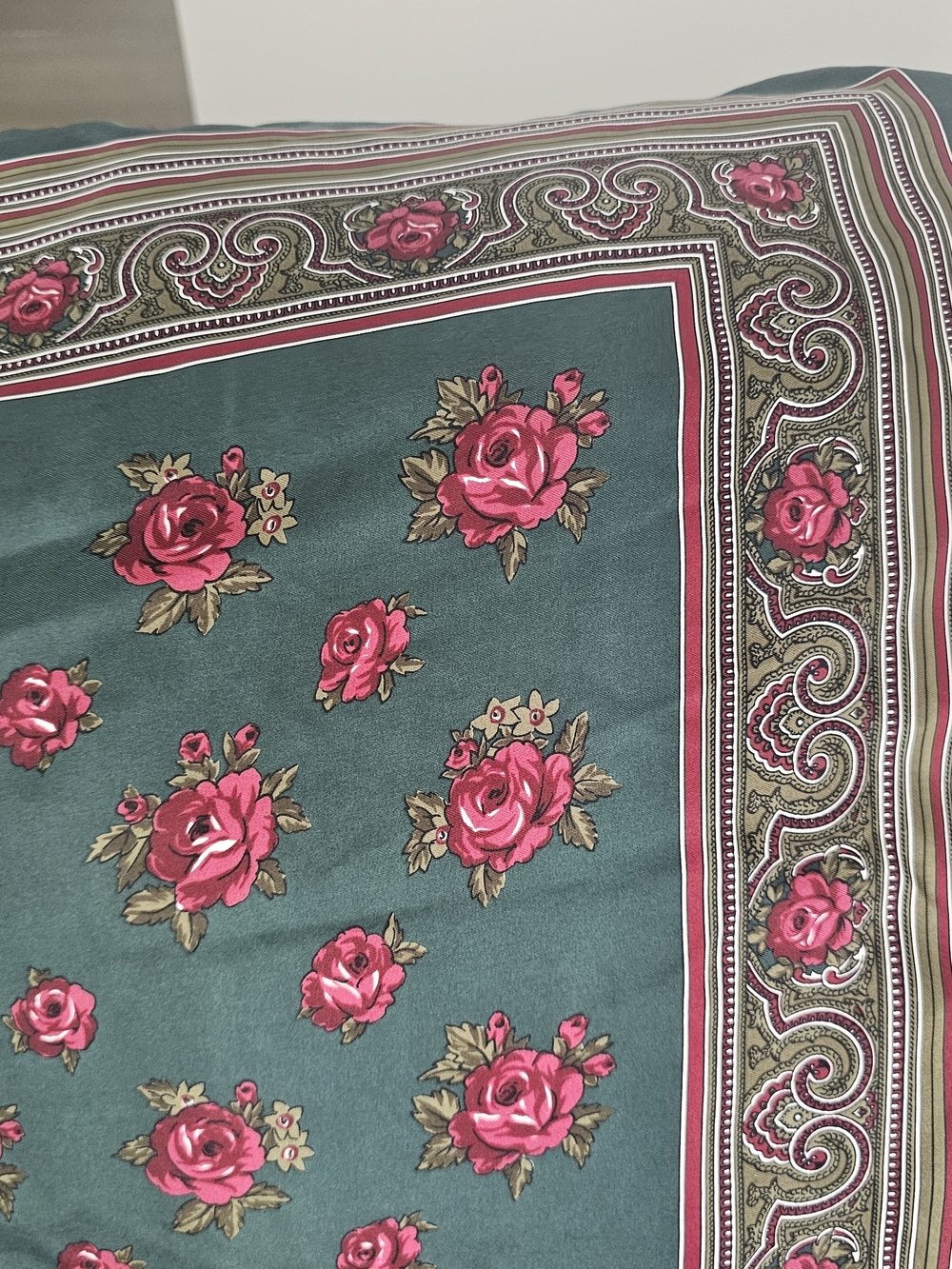 Vtg Italian Pure Silk Square Scarf Pink Roses Scroll Paisley Border Dark Green - Picture 2 of 8